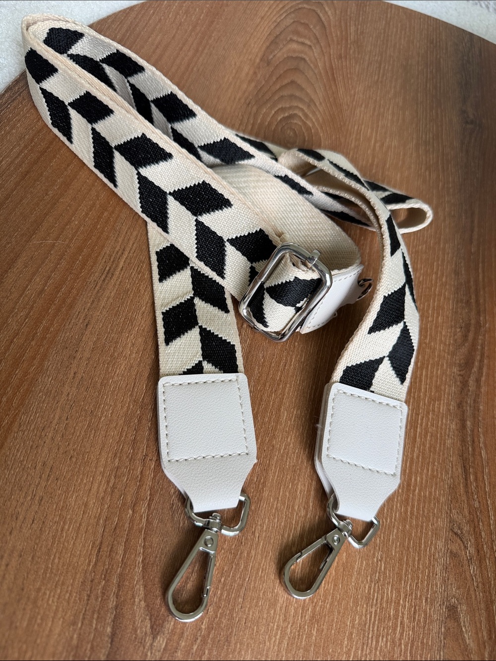 Black Cream Geometric Adjustable Crossbody Purse Strap Silver Hardware